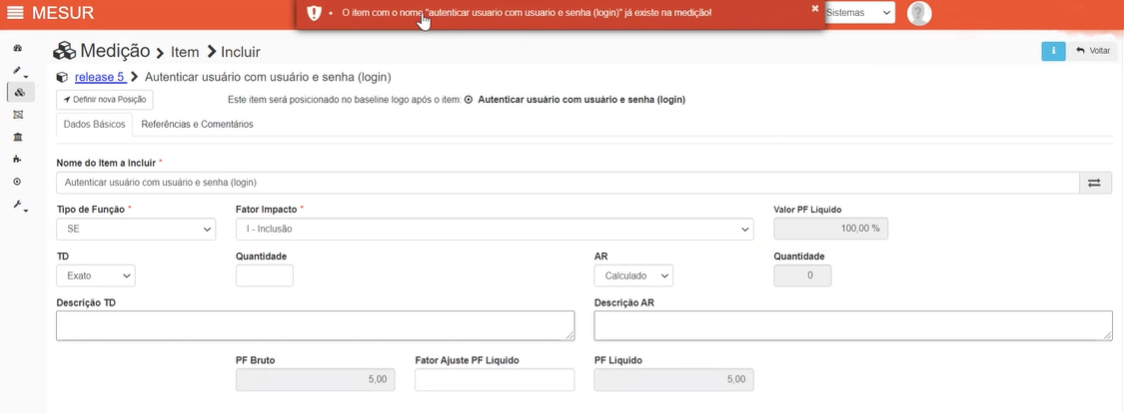 Evite duplicar itens no escopo da medição - Tela de Inclusão de um item de medição